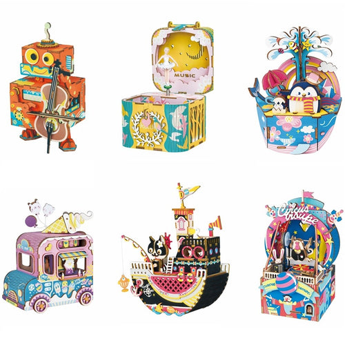 DIY 3D Kitty Ballet Wooden Puzzle Game Assembly Moveable Music Box