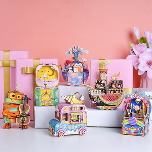 DIY 3D Kitty Ballet Wooden Puzzle Game Assembly Moveable Music Box